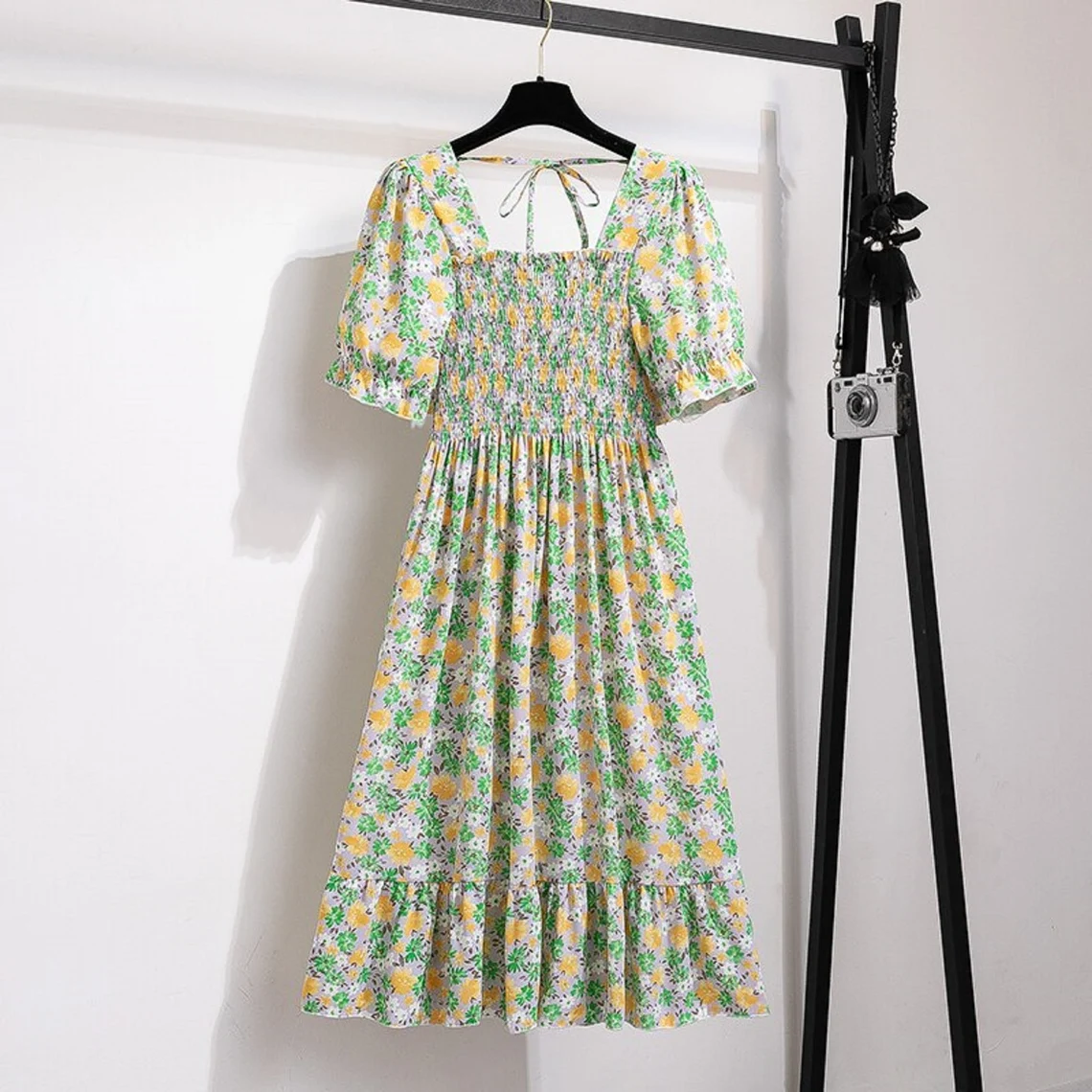 Customisable Bohemian Chiffon Vintage Women's Cocktail Party Dress  Square Neck Women's Mid-length Dress