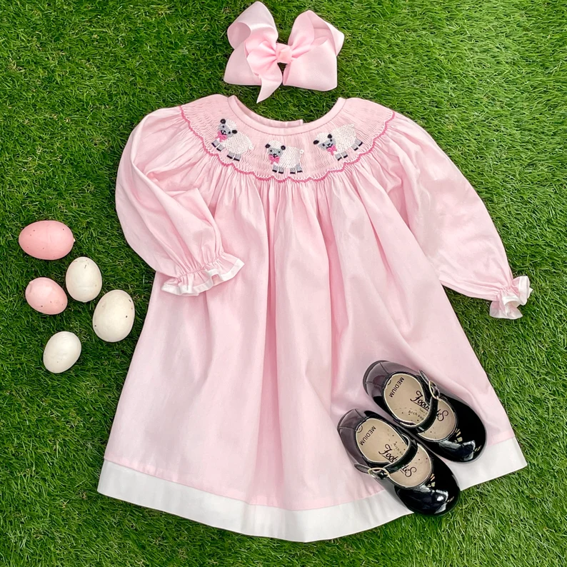 Custom Spring Easter Pink Embroidered Smock Cute 100% Cotton Natural Organic Casual Dresses Girls Dresses