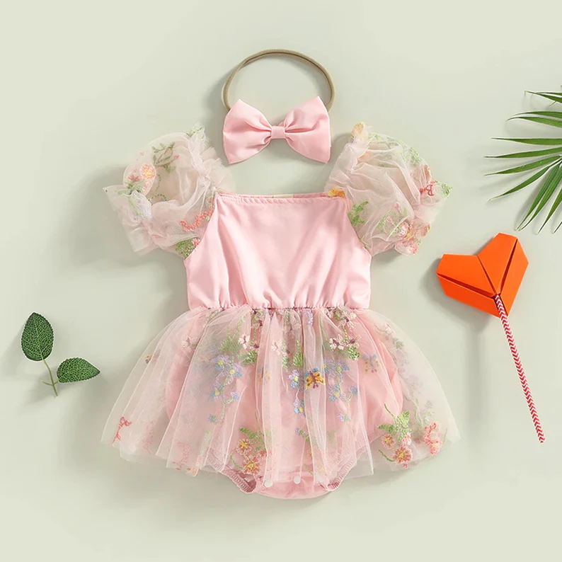 Custom Summer Pink Embroidered Birthday Cake Smash Outfit Holiday Photoshoot Casual Dresses Girls Dresses