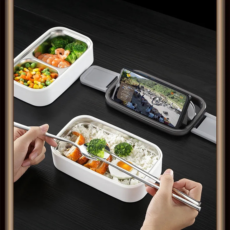 Custom Double-layer Leak-proof Microwave Bento Box 3 Compartment Lunch Box Food Storage Container 304 Stainless Steel Rectangle