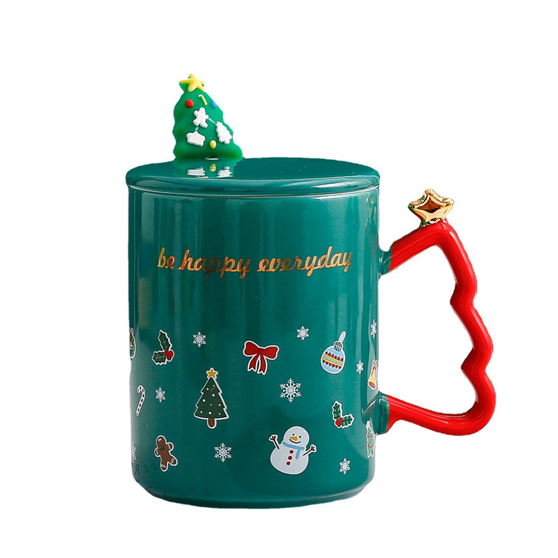 Cartoon Creative Christmas Handle Ceramic With Spoon Coffee Cup Gift With Lid Mug Couple Household Water Cup