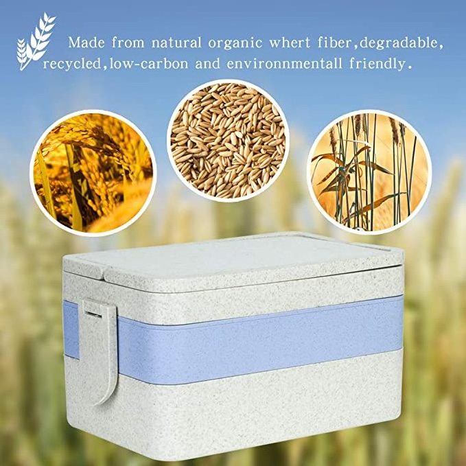 Double Wall Lunch Box Not leaking Microwave Safe Food Container with Lock for School Office Wheat Straw Airtight Lunch Box