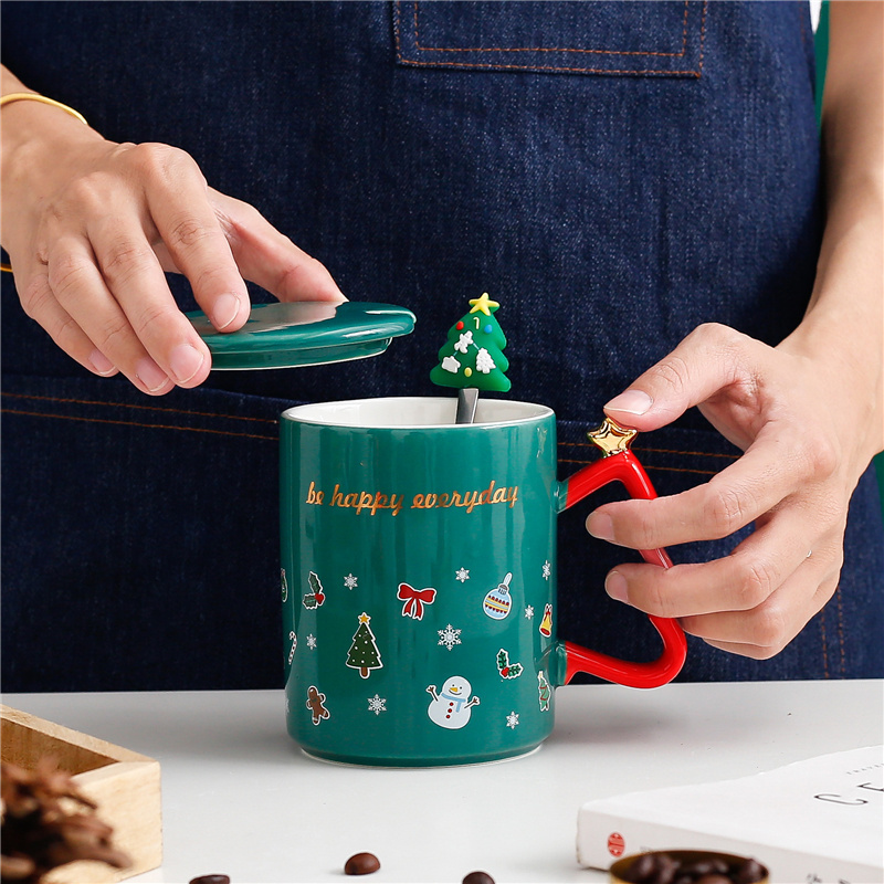 Cartoon Creative Christmas Handle Ceramic With Spoon Coffee Cup Gift With Lid Mug Couple Household Water Cup