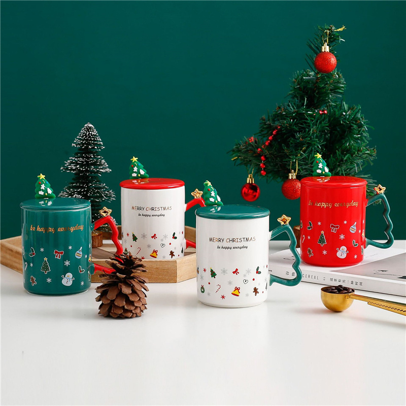 Cartoon Creative Christmas Handle Ceramic With Spoon Coffee Cup Gift With Lid Mug Couple Household Water Cup