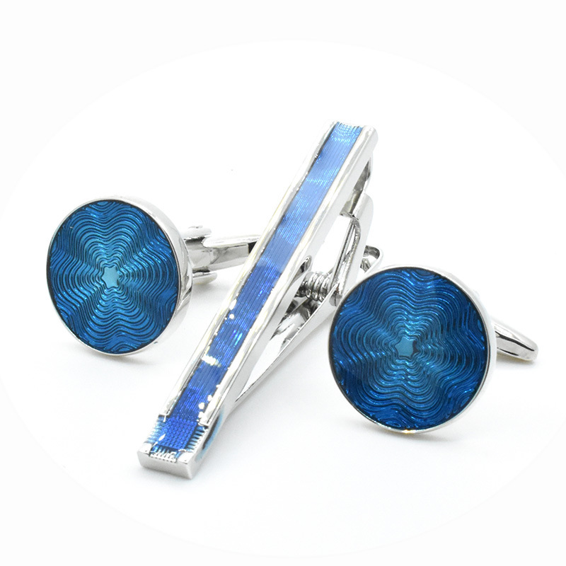 Wholesale Classic Blue Enamel Cuff Links and Tie Bar Fashionable Brass Tie Clip Set for Wedding Business or Party for Gift