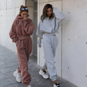 Fall Clothes Jogger Jumper Gym Workout Suits Custom 2 Piece Set Women Crop Top Hoodie Sweatshirt Pants Women's Hoodies