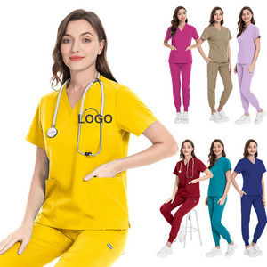 Women's Uniforms Nursing Workwear Sets Scrub Tops Jogger Pants Pet Clinic Dental Tooth Check Stretch Nurse Uniform Scrubs