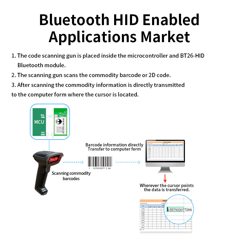 BT26-HID bluetooth barcode scanner module for Arduin wireless serial port for data transmission and automatic reconnection