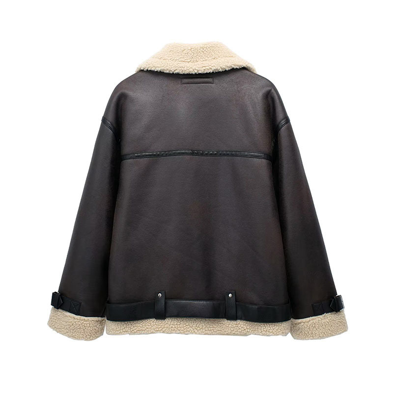 ZATRHMBM 2023 Autumn Winter Fashion Warm Reversible Jackets Coat Vintage Long Sleeve Zipper Fly Female Outerwear Chic Tops