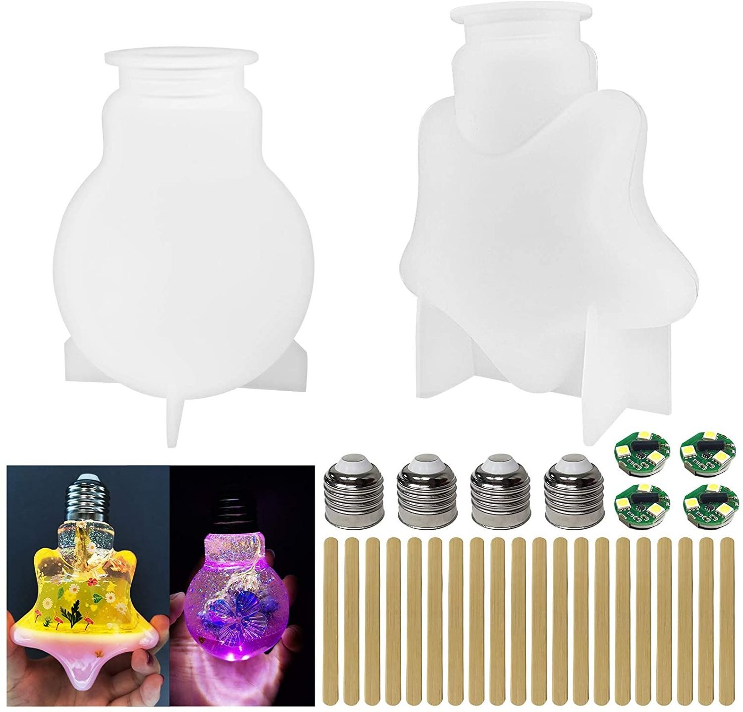 LED Bulb Silicone Molds Set DIY Light Making Resin Mold Kit 2  Lamp Molds, 4  Edison 4 Lamp Wicks, 20  Craft Sticks