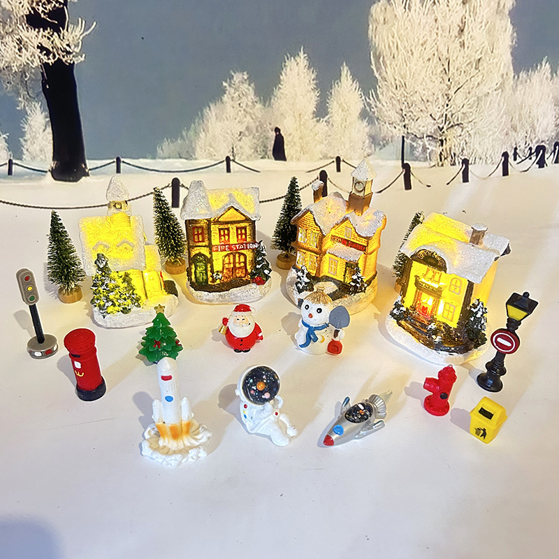 New Christmas decoration Luminous snow house European small house village astronaut series 16 pieces set