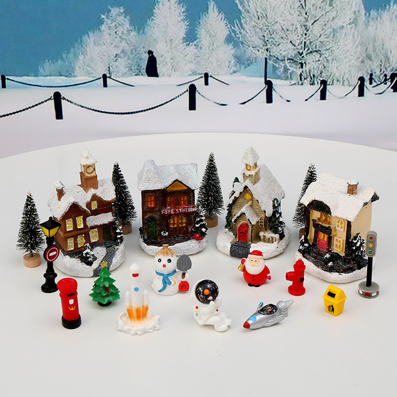 New Christmas decoration Luminous snow house European small house village astronaut series 16 pieces set