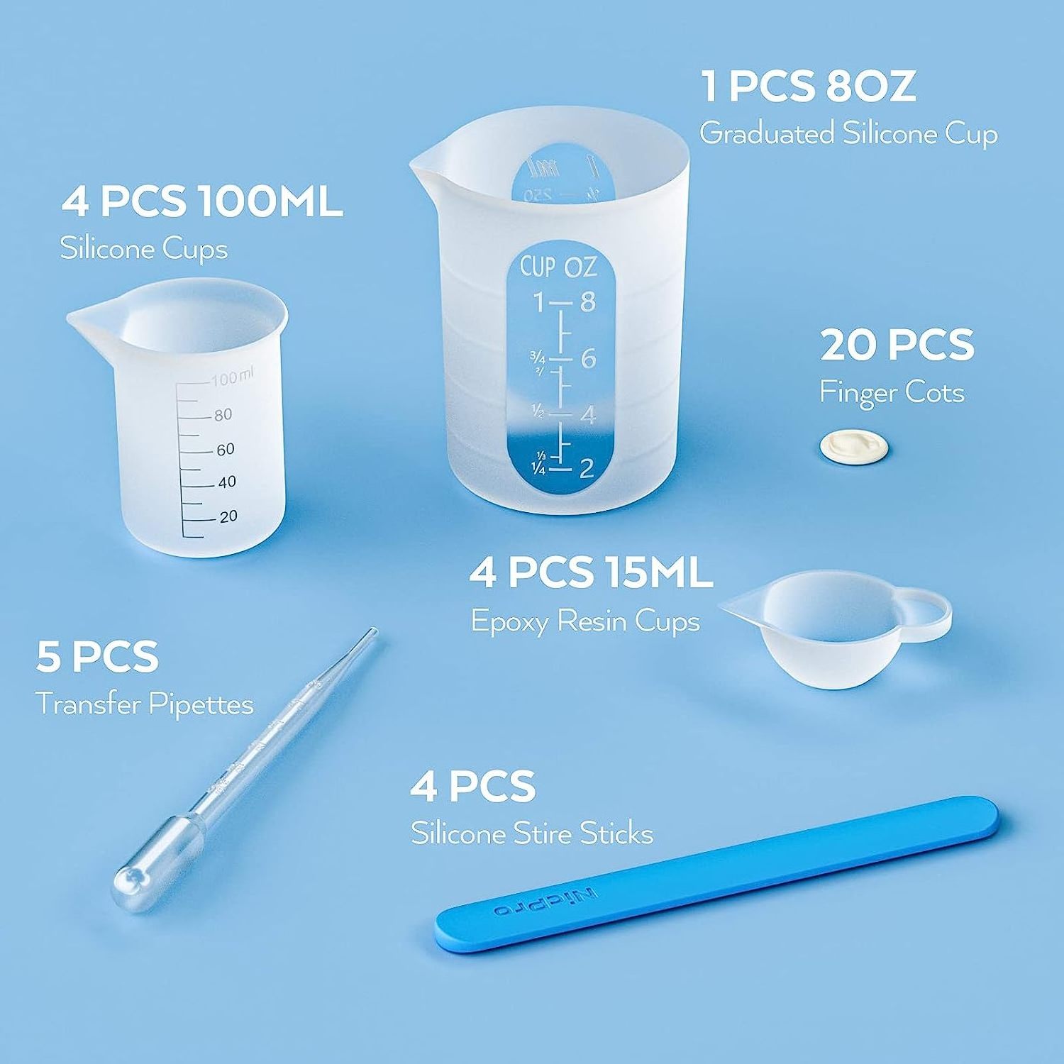 Silicone Resin Measuring Cups  250 & 100 ml Measure Cups Silicone Popsicle Stir Sticks Pipettes