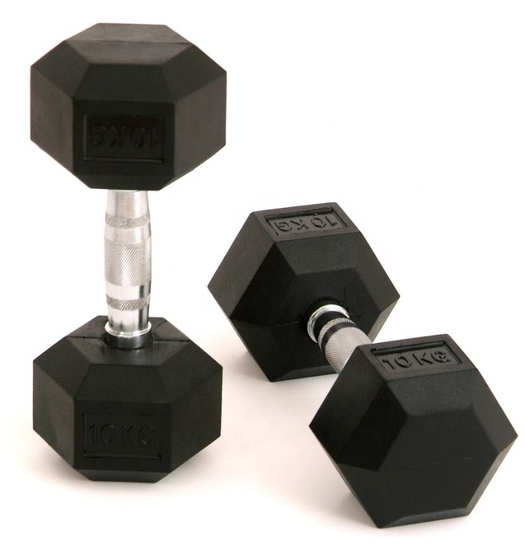 Set of 2 Hex Rubber Dumbbell with Metal Handles, Pair of 2 Heavy Dumbbells Choose Weight (5lb, 8lb, 10lb, 15lb, 20 Lb, 25lb, 30l