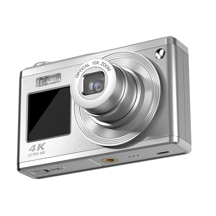 Small Retro Silver Color 4K 50MP Auto Focus Digital Camera with 10X Optical Zoom Double Screen Selfie Camcorder