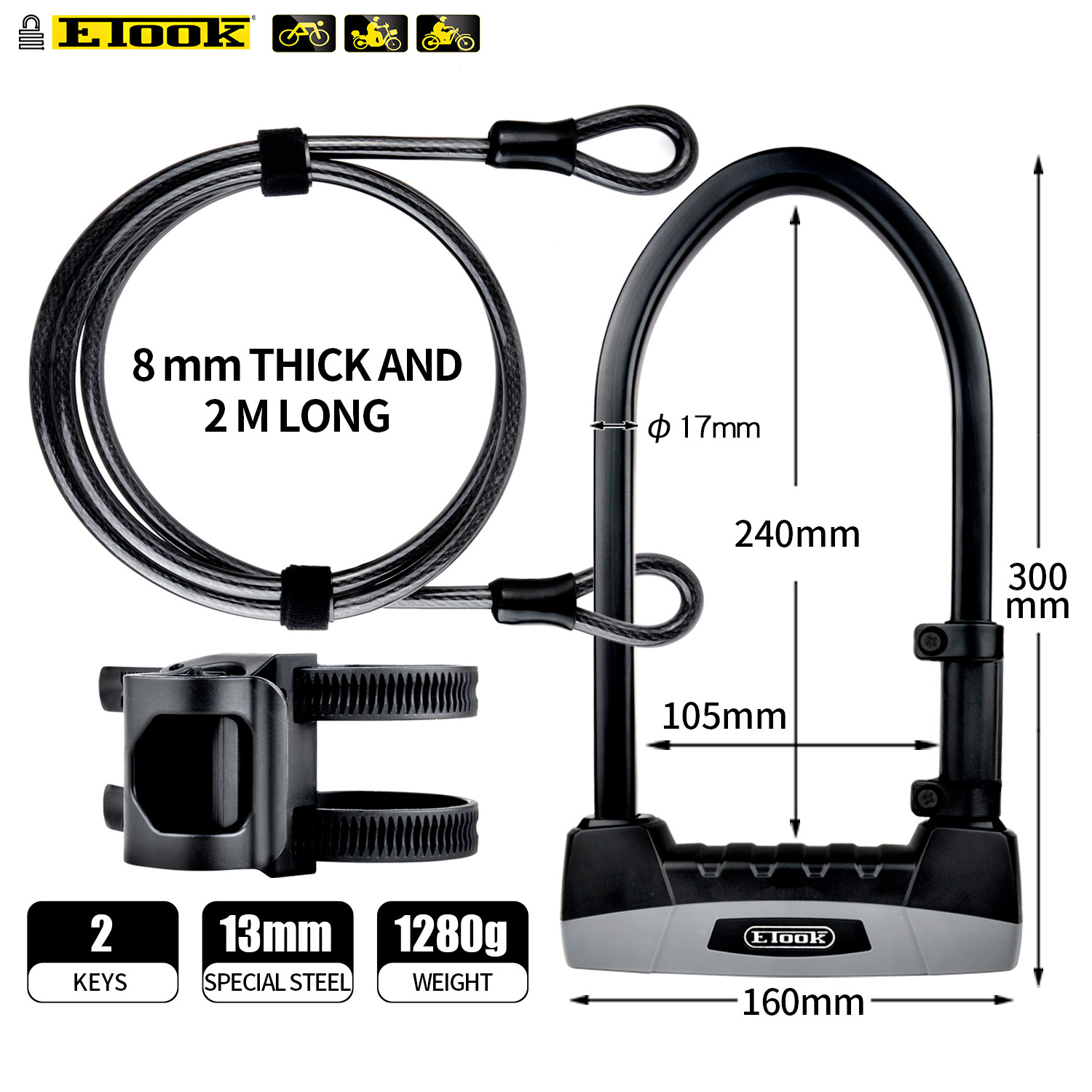 ETOOK High Security U Lock Bike Lock Anti Theft Mountain Bicycle U Lock With Cable