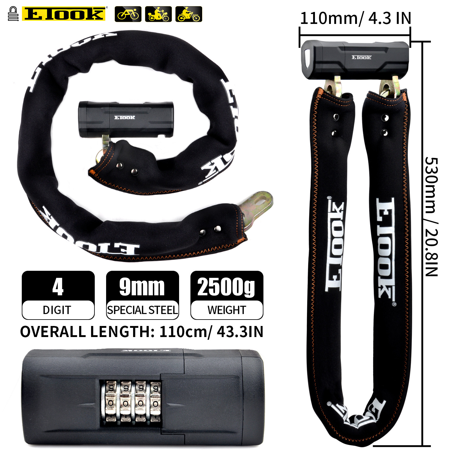 ETOOK 110CM Heavy Duty Combination Bike Chain Lock 4 Digital Combo  Motorcycle Lock Bike Lock