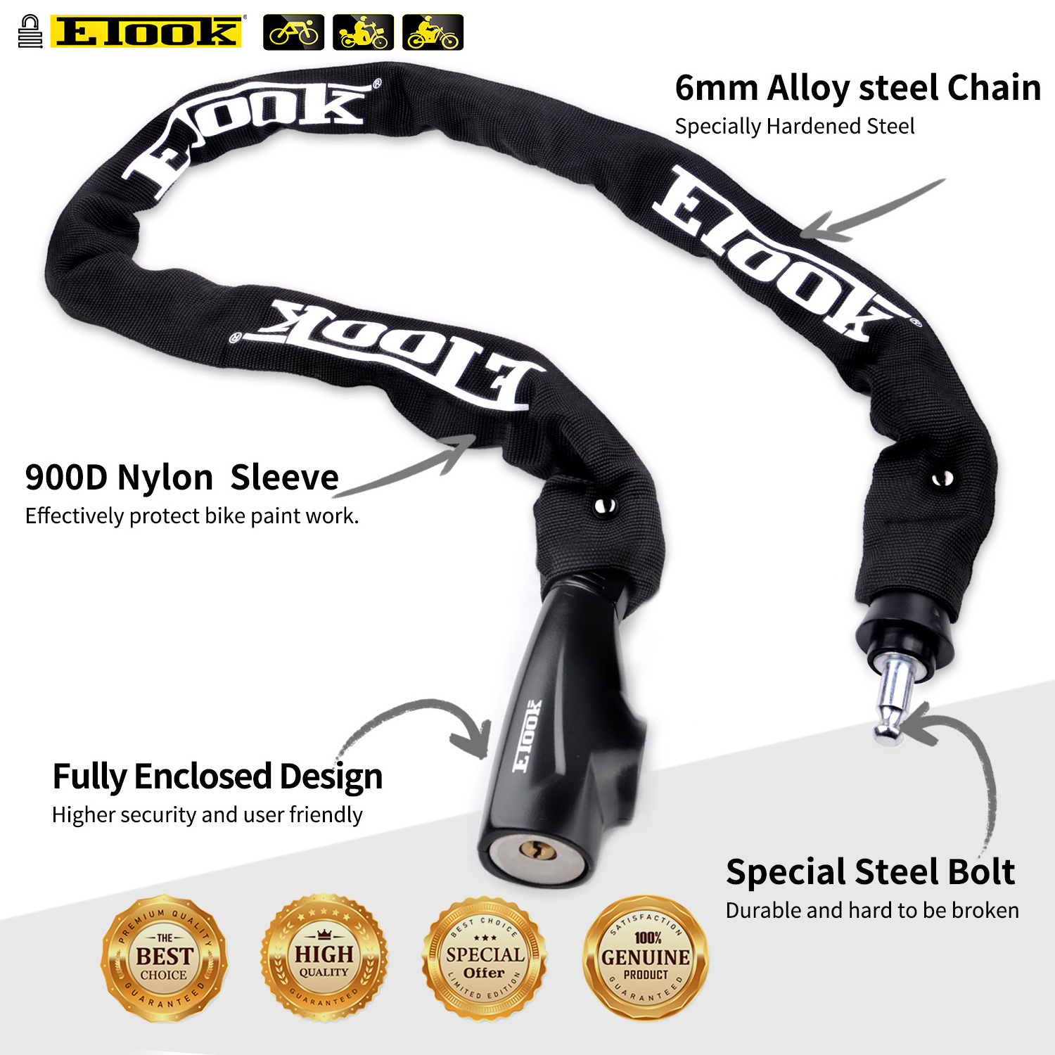 ETOOK 900D Nylon Sleeve Heavy Duty Anti Theft Ebike Lock Electric Bicycle Motorcycle Chain Link Lock