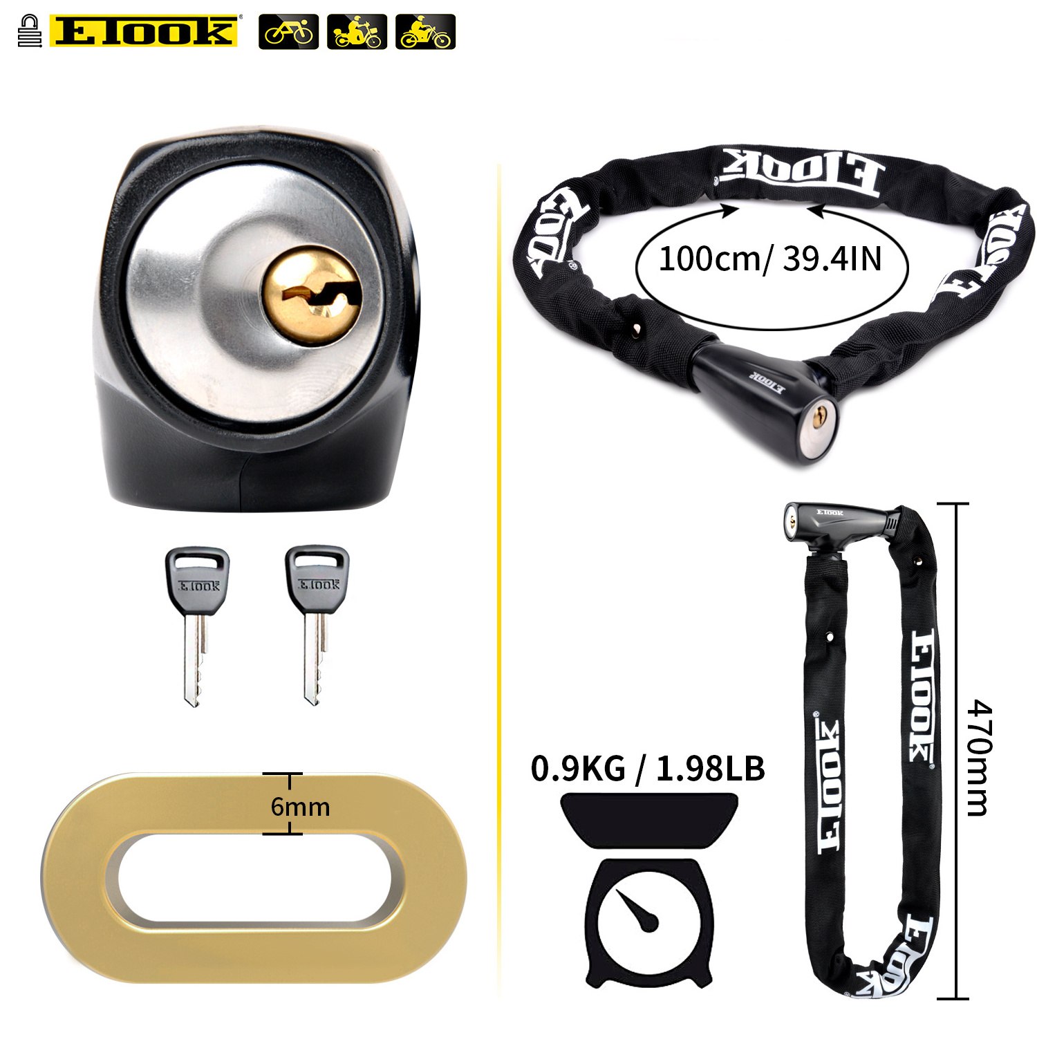 ETOOK Anti Shear Steel Bicycle Chain Lock 1m Long 6mm Thickness Electric Bike Chain Lock Mountain Bike