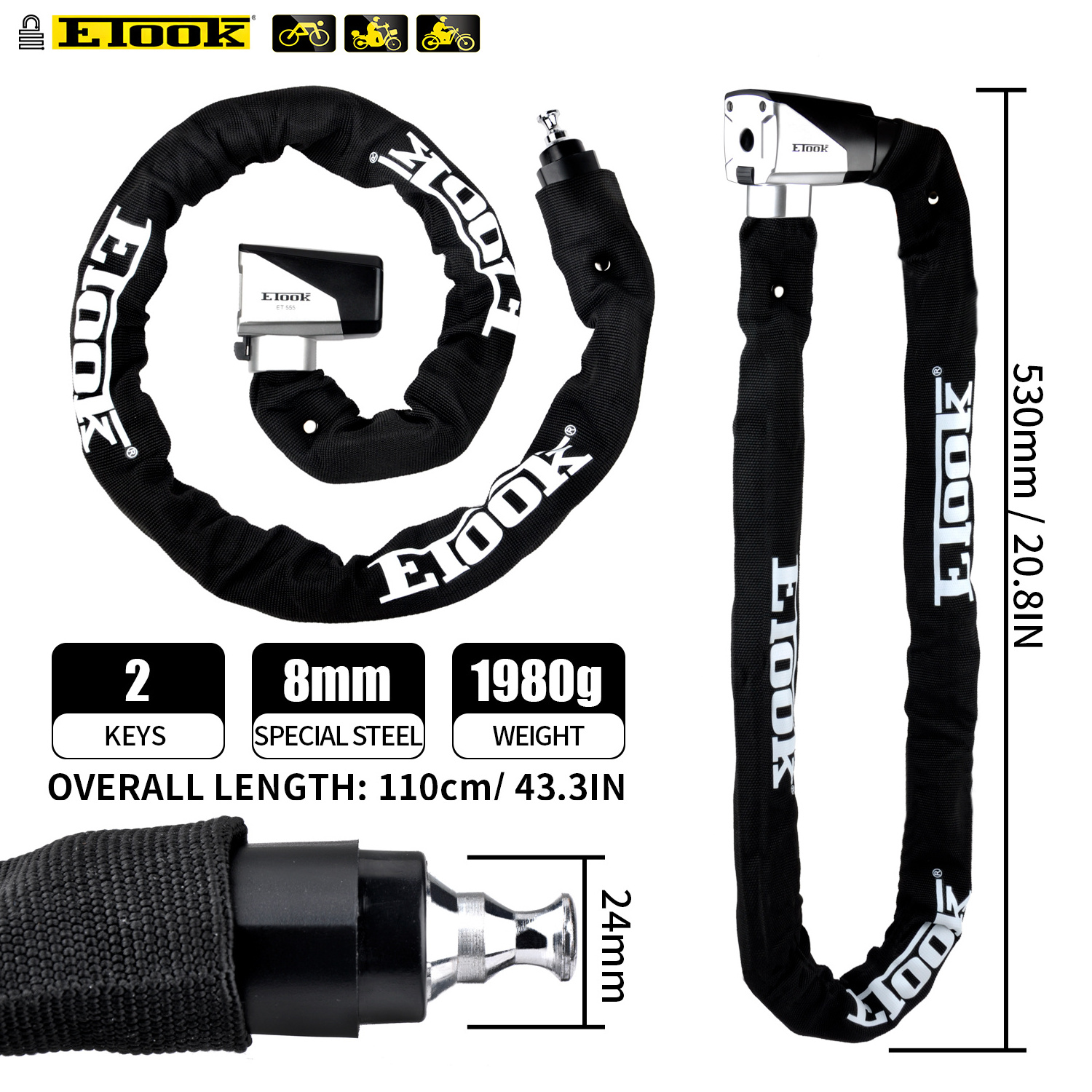 ETOOK Anti-theft Heavy Duty Chain Lock E-bike Bicycle Chain lock with Anti-drill Steel Plate