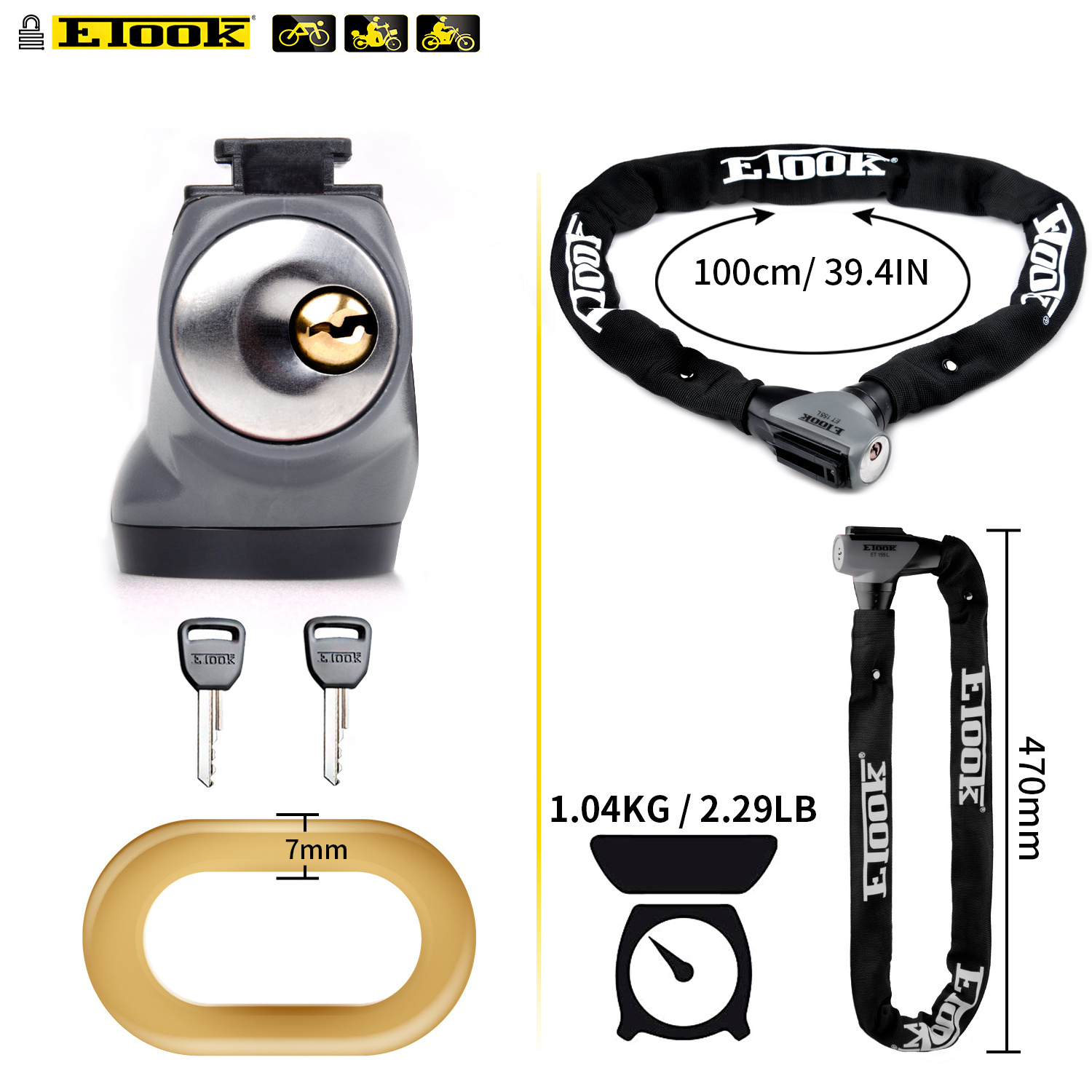 ETOOK 1000mm Anti-theft Chain Lock Electric Bicycle Lock Ebike Lock with Mount Bracket and 2 Keys