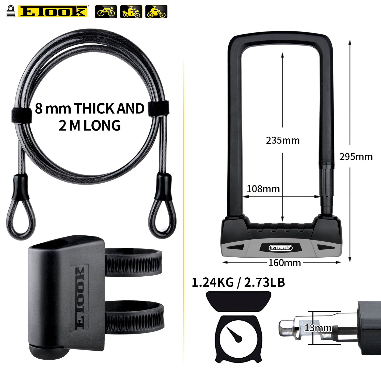 ETOOK Heavy Duty Bicycle U Lock Anti Theft Security Bicycle Lock Motorcycle Lock With Keys