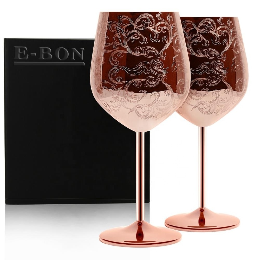 Premium Etching Newest Design Unbreakable Stainless Steel Black Copper Wine Goblets For Christmas Gift