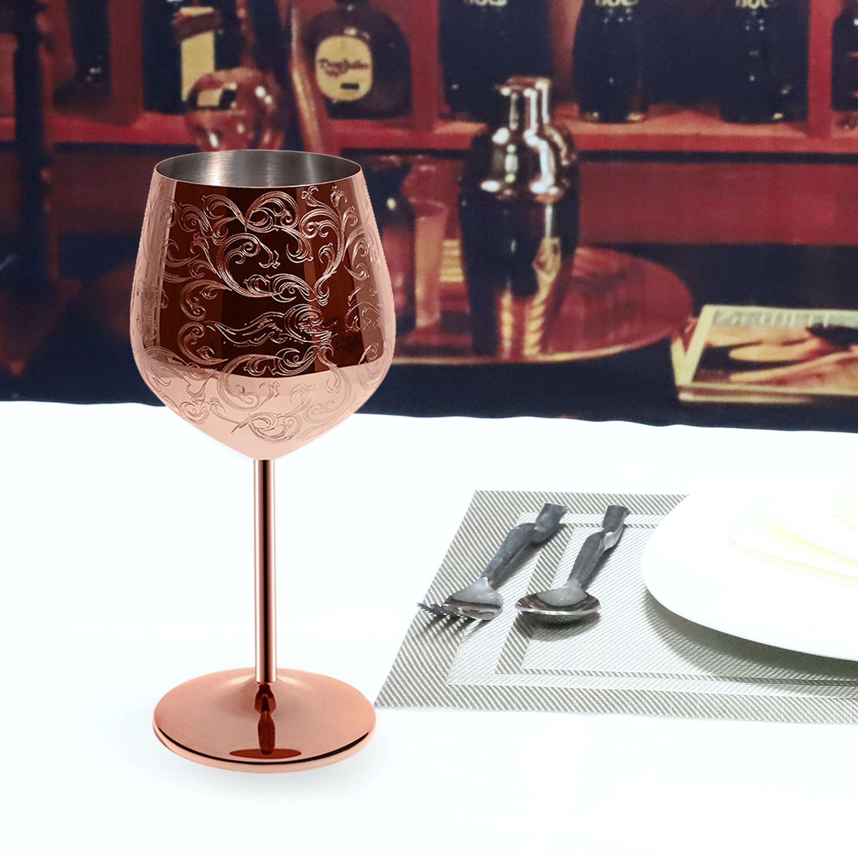 Premium Etching Newest Design Unbreakable Stainless Steel Black Copper Wine Goblets For Christmas Gift