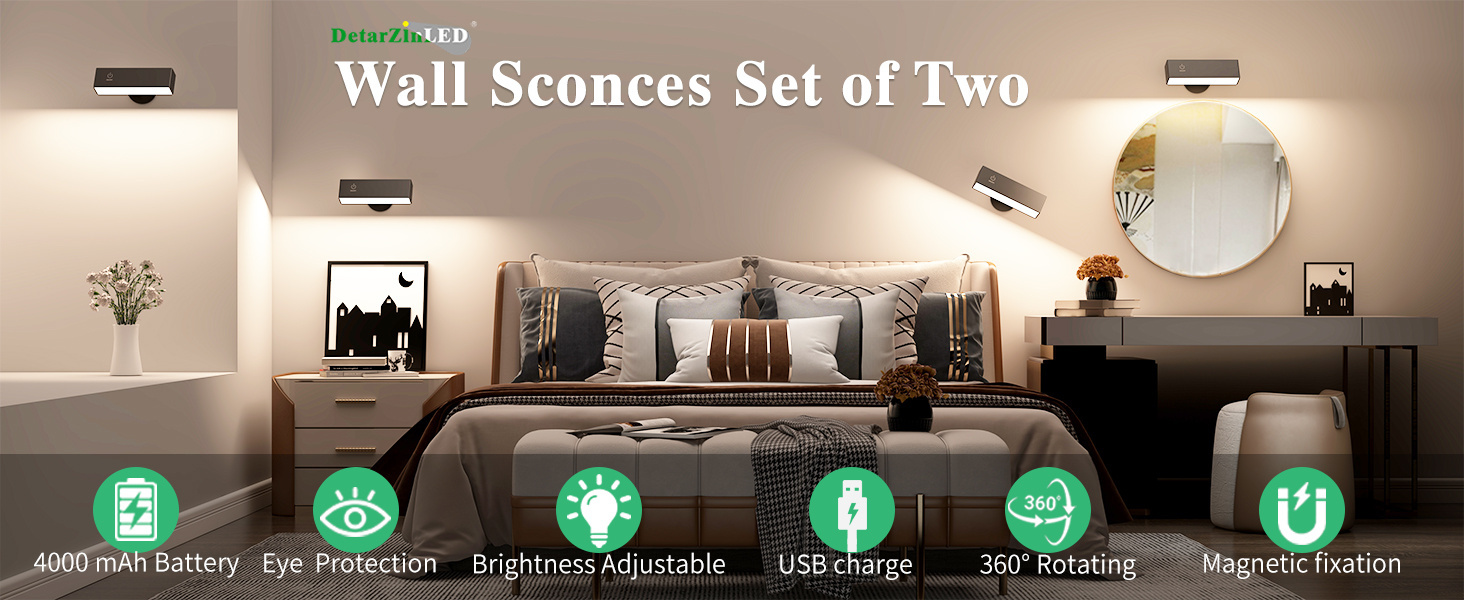 New arrival Wall Mounted Bedside Lamps LED Rechargeable Wall Sconces 2 pack Magnetic Black Wall Lights for Bedroom Picture