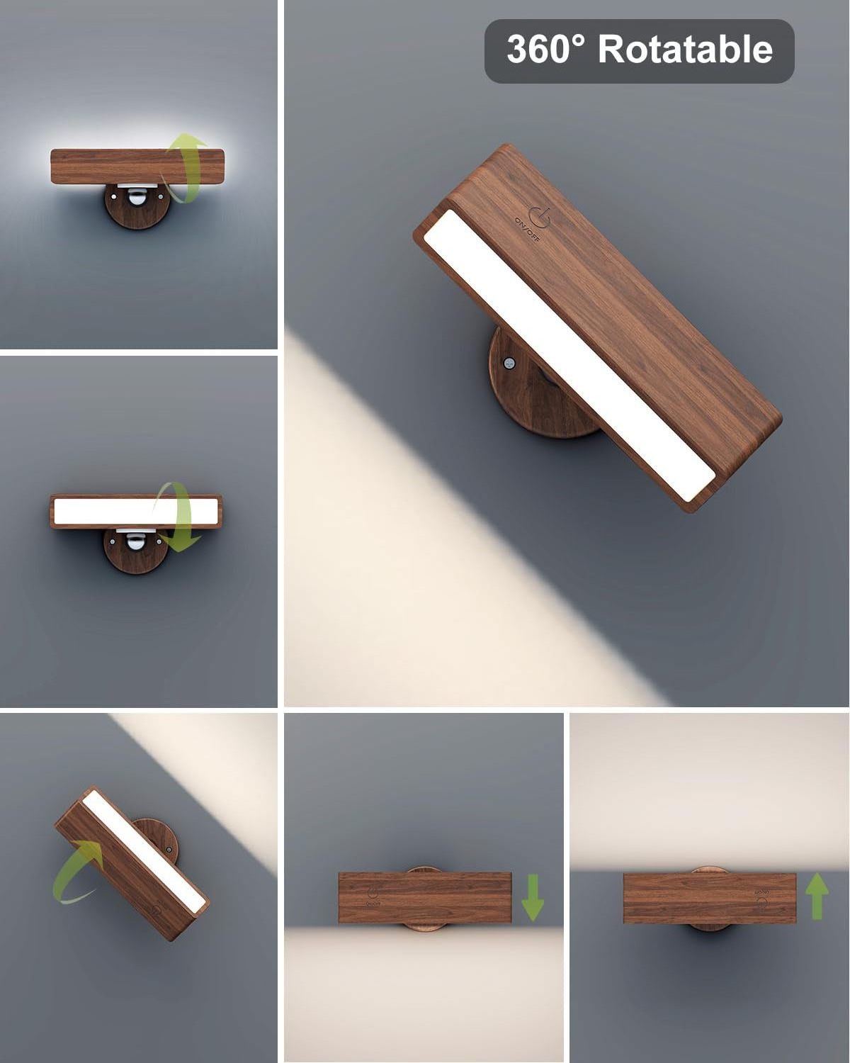 New LED Wall Sconces Rechargeable Black Walnut Battery Operated Wood Wall Lamp Indoor Cordless Wall Light for Bedroom Reading