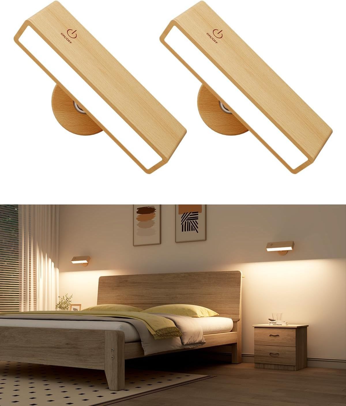 YiLaie Unique Design Wood Wall Reading Lamp 2 Pack Head Lamps Rechargeable Kids Night Light Adjustable Wall Sconces for Bedside