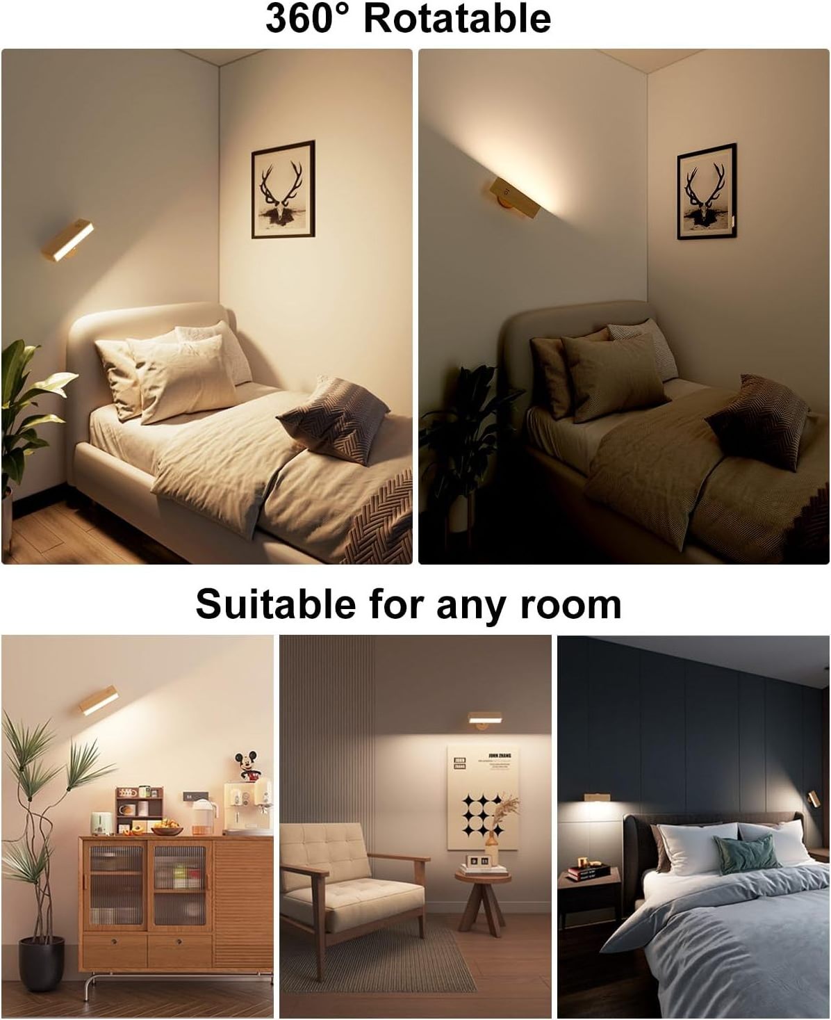 Unique Wooden Led Wall Lamp Touch Control 360 Rotatable USB Rechargeable Wireless Portable Night Light For Bedside Reading Lamp