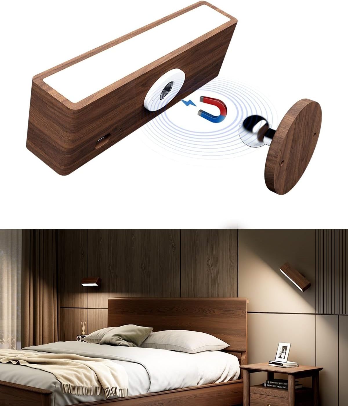 New LED Wall Sconces Rechargeable Black Walnut Battery Operated Wood Wall Lamp Indoor Cordless Wall Light for Bedroom Reading