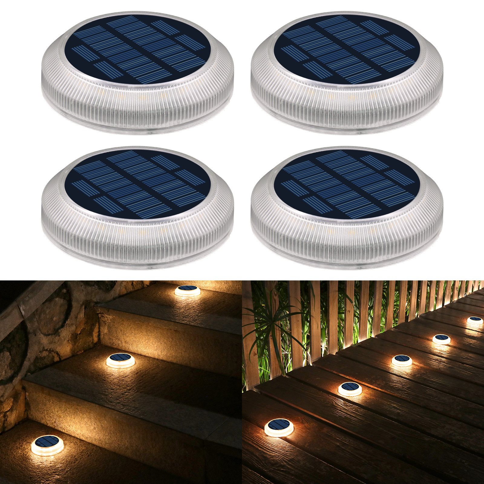 Wholesale Solar Powered garden lights 4 Pack Outdoor IP68 for Stairs Patio Dock Driveway Step lamp Round LED Solar Deck Lights