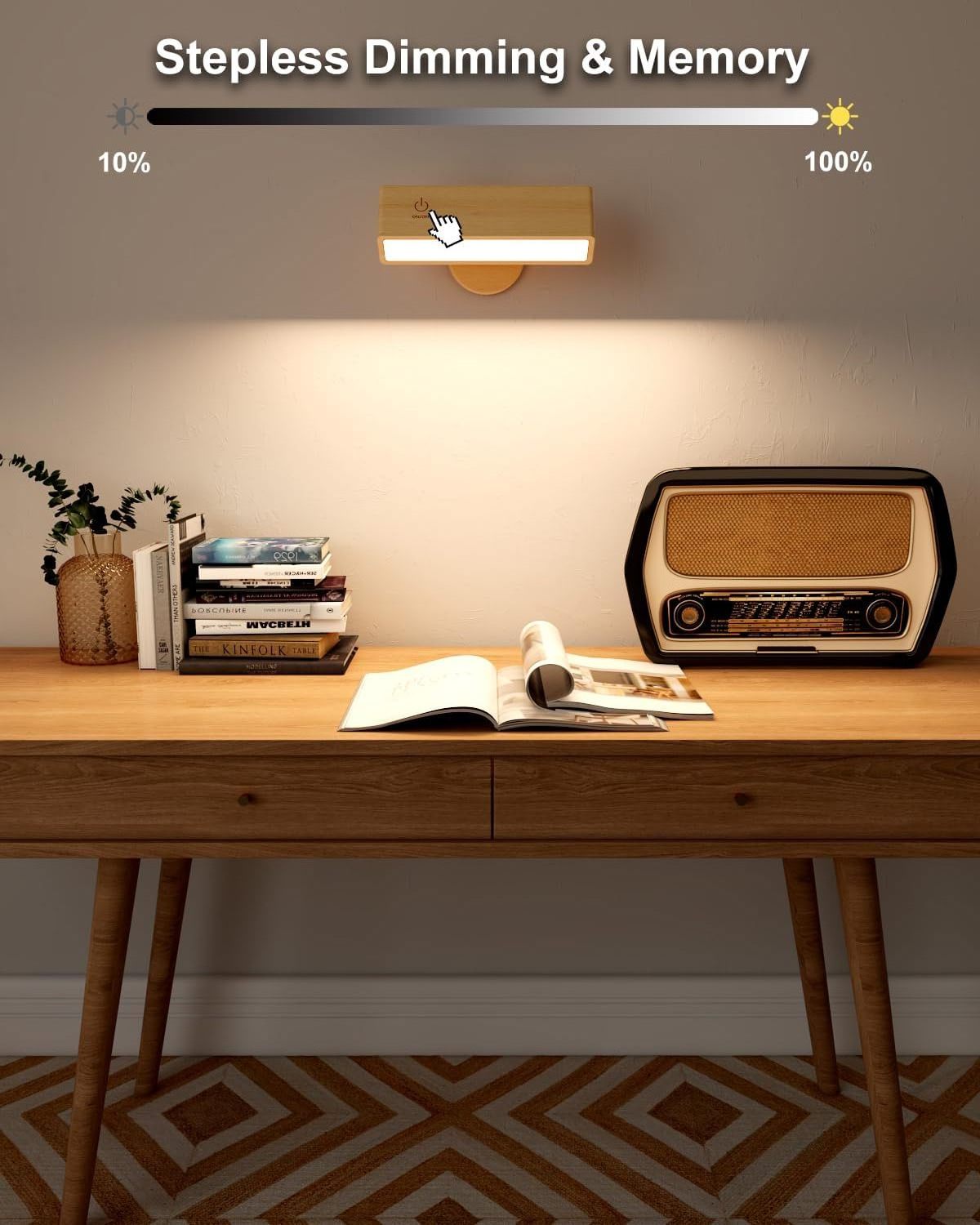 Unique Wooden Led Wall Lamp Touch Control 360 Rotatable USB Rechargeable Wireless Portable Night Light For Bedside Reading Lamp