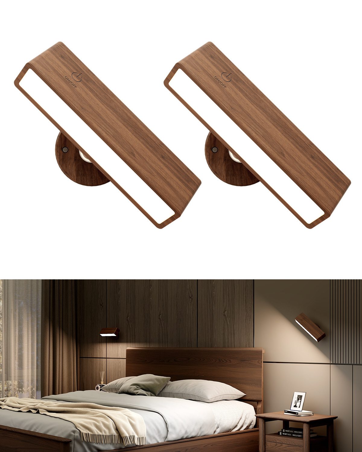 YiLaie 2 Pack Rechargeable Wall Sconces Black Walnut Wood Lamp 360 Rotate Dimmable Wireless Wall Mount Light for Reading Bedside