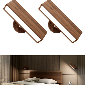 YiLaie 2 Pack Rechargeable Wall Sconces Black Walnut Wood Lamp 360 Rotate Dimmable Wireless Wall Mount Light for Reading Bedside