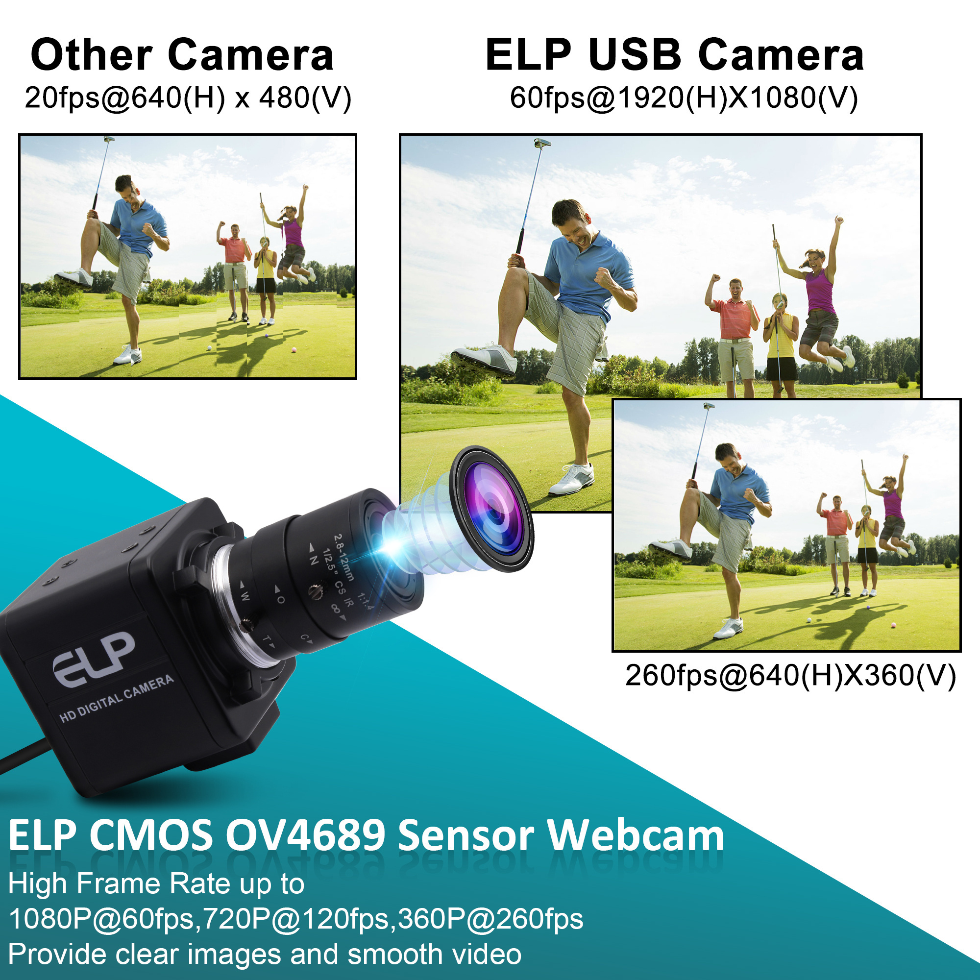 ELP High Speed USB Camera 2MP OV4689 260FPS 640*480 120FPS 1280*720 60FPS with 2.8-12mm Manual Zoom Lens CMOS USB Web camera