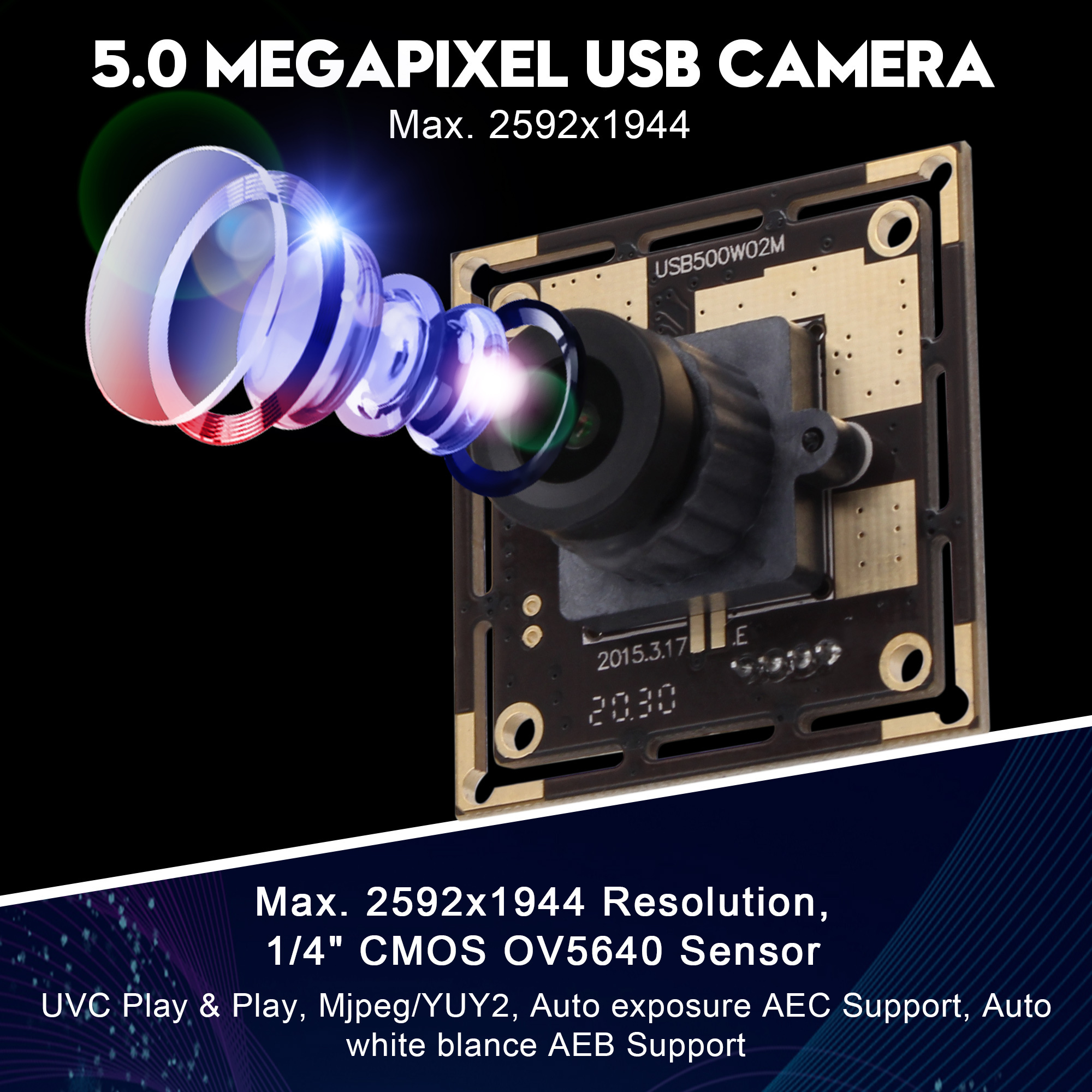 ELP 5 Megapixel 2592X1944 CMOS OV5640 USB Camera Webcam Module with No Distortion Lens Model ELP-USB500W02M-L100