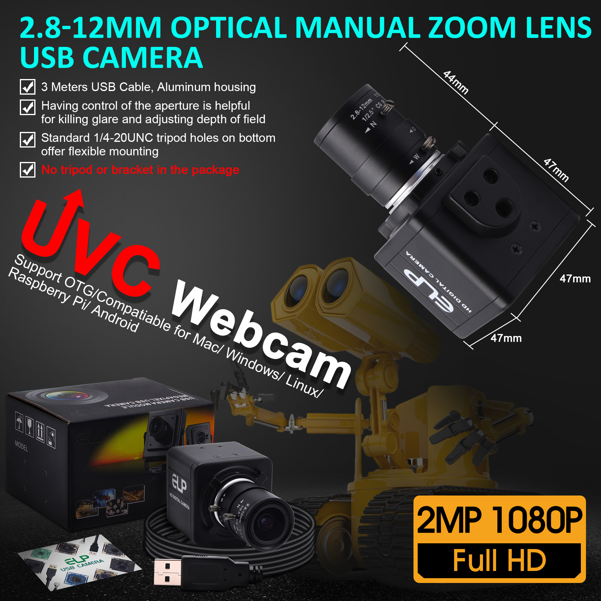 ELP High Speed USB Camera 2MP OV4689 260FPS 640*480 120FPS 1280*720 60FPS with 2.8-12mm Manual Zoom Lens CMOS USB Web camera