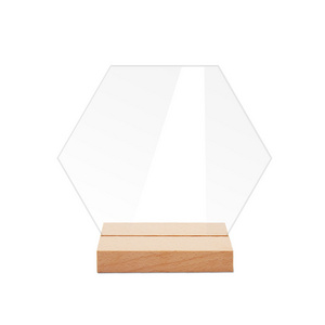 Frosted Clear Blank Hexagon Acrylic Wedding Table Number Sign Frame with Wood Stand Holder