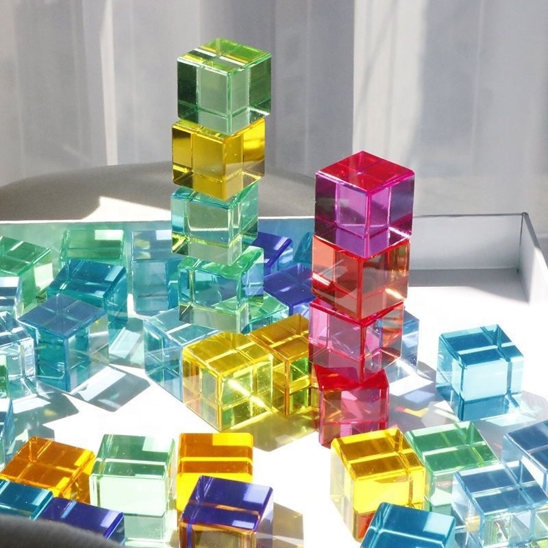 60PCS Rainbow Coloured Stacking Crystal Cubes Toys Acrylic Building Brick Blocks for Kids