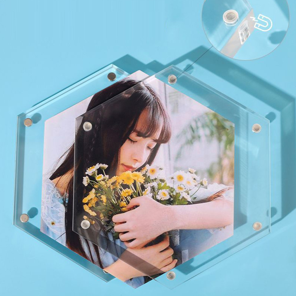 Diamond Polished Retail Magnetic Hexagon Double Acrylic Glass Block Photo Frame