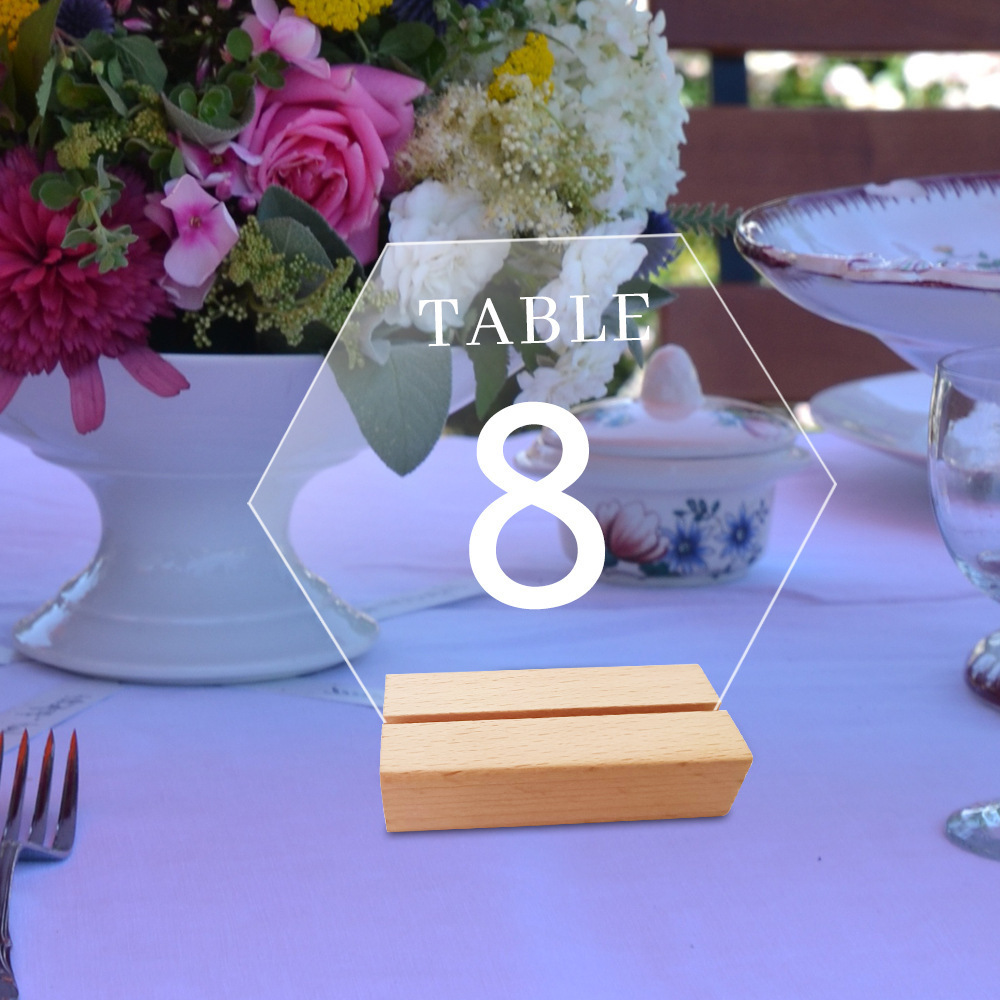 Frosted Clear Blank Hexagon Acrylic Wedding Table Number Sign Frame with Wood Stand Holder