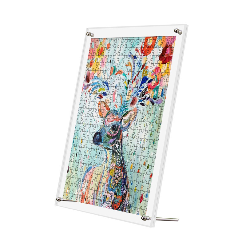 Custom Logo Clear Acrylic Jigsaw Puzzle Display Frame with Steel Screw Stand