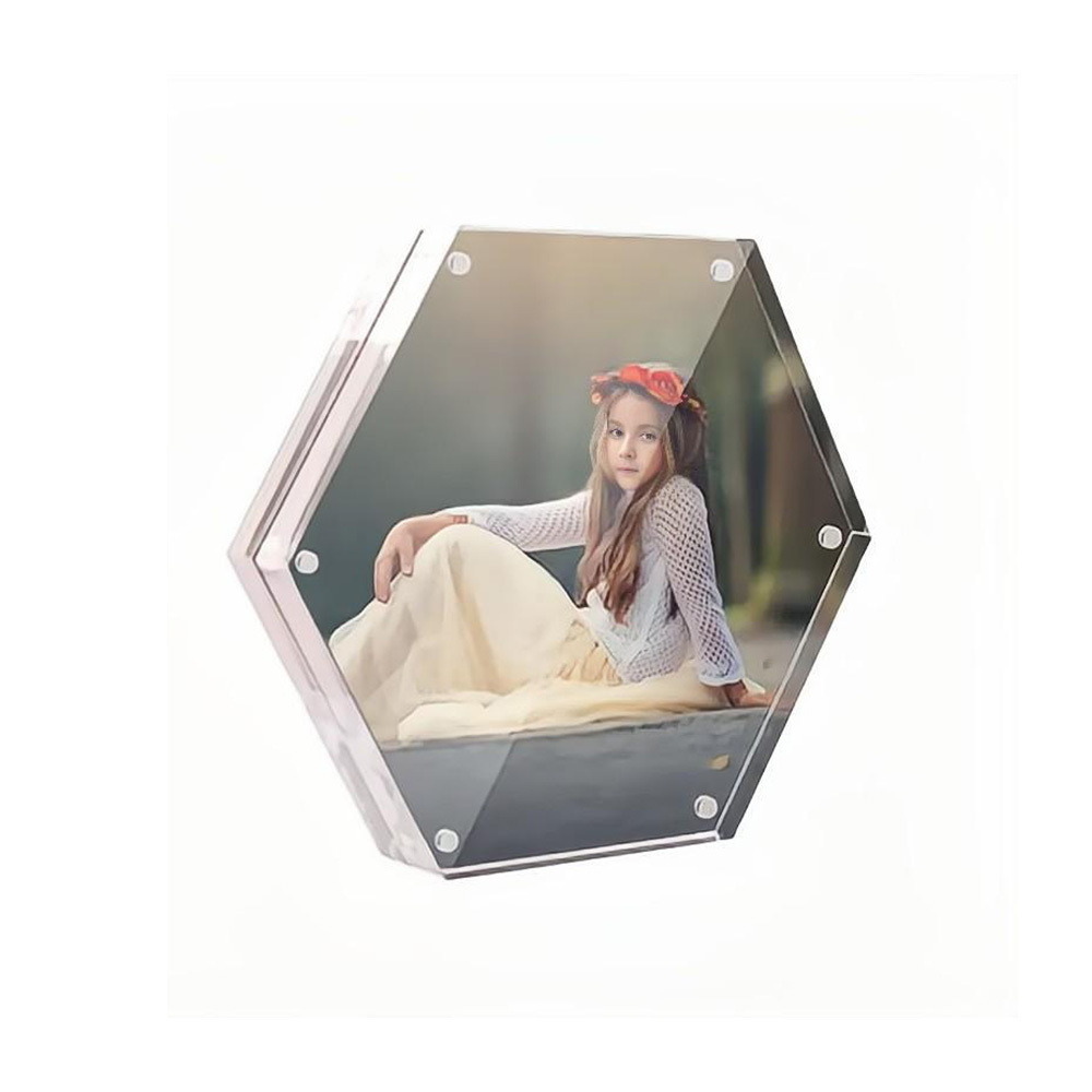 Diamond Polished Retail Magnetic Hexagon Double Acrylic Glass Block Photo Frame