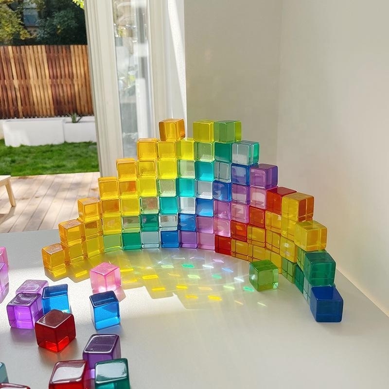 60PCS Rainbow Coloured Stacking Crystal Cubes Toys Acrylic Building Brick Blocks for Kids