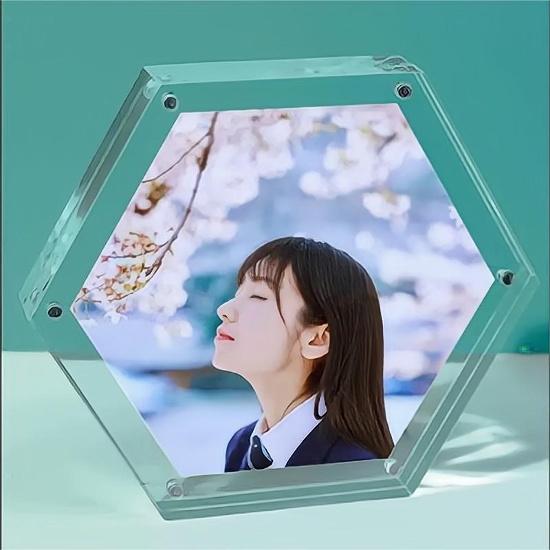 Diamond Polished Retail Magnetic Hexagon Double Acrylic Glass Block Photo Frame