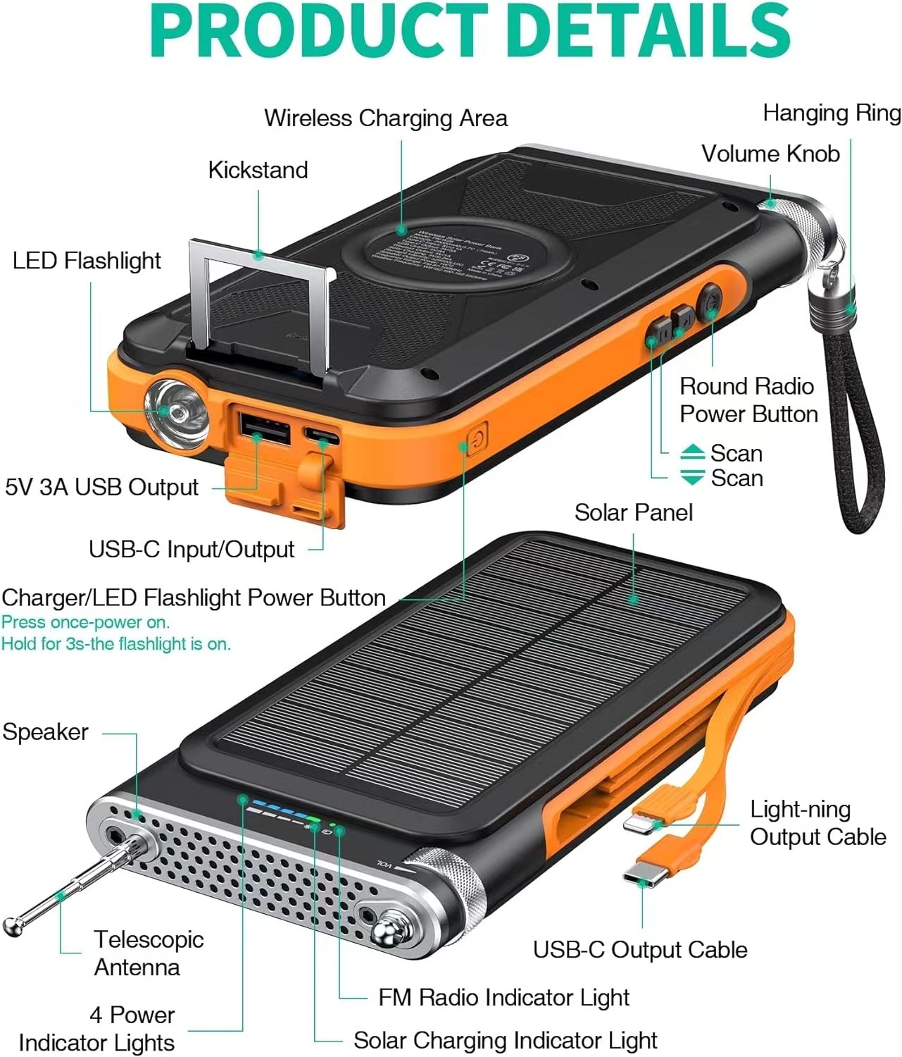 Solar Power Bank with FM Radio Portable Wireless Charger 20000mAh 15W QC 3.0 Fast Charging Flashlight Compatible All USB Devices