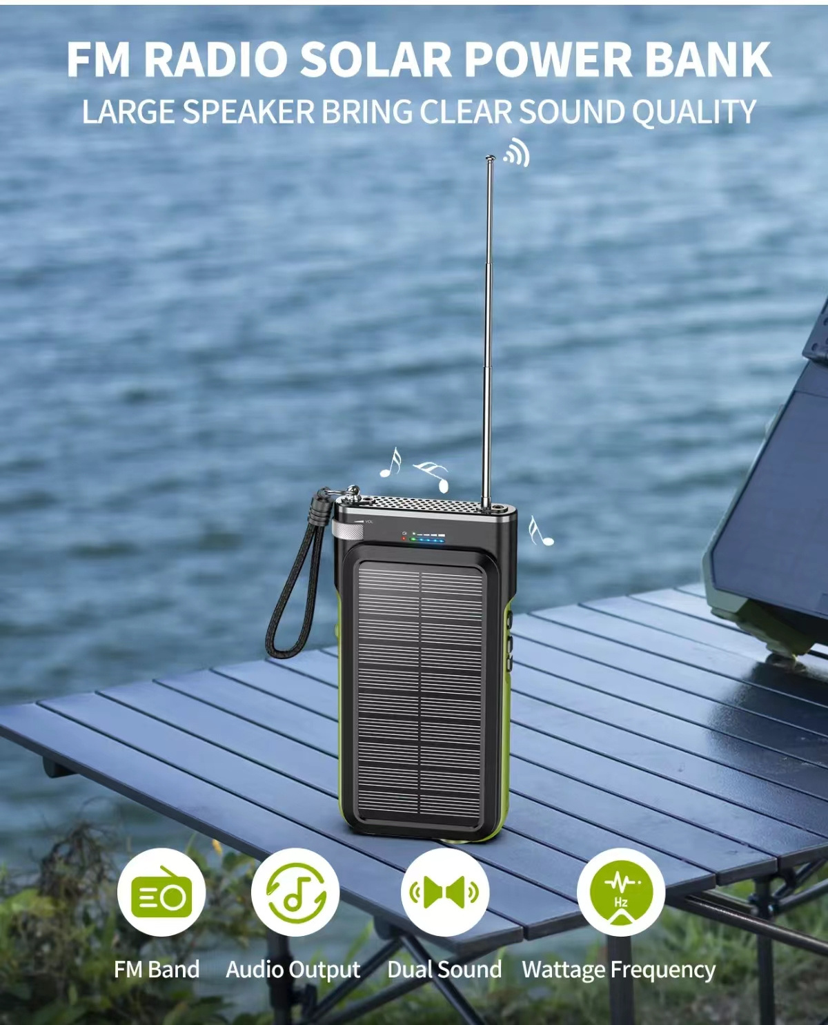 Solar Power Bank with FM Radio Portable Wireless Charger 20000mAh 15W QC 3.0 Fast Charging Flashlight Compatible All USB Devices